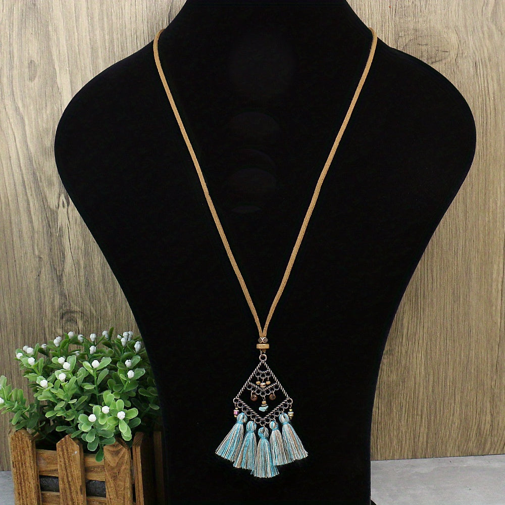 3pcs Ethnic Style Women's Fashion Pendant Necklace Set with Floral Tassel Pendant, Bronze Enamel Drip Zinc Alloy with Glass Rhinestone Inlay, Vintage Necklace