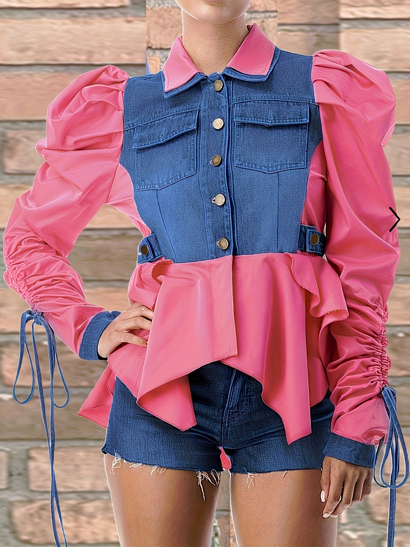 Women's Stylish and Elegant Denim Patchwork Long-Sleeve Open Front Shirt, Fashionable Camouflage Style for All-Season Casual Attire, Versatile Top, Allseason Clothing, Trendy Camouflage, Patchwork Design, Nonstretch Material,