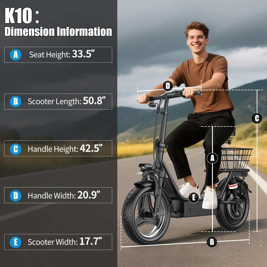Electric Scooter with Seat, 30 Miles Long Range & 20Mph Top Speed, 14" Pneumatic Tire, Height Adjustable Seat &Handlebar, Dual Suspensions Commuting Scooter with Basket