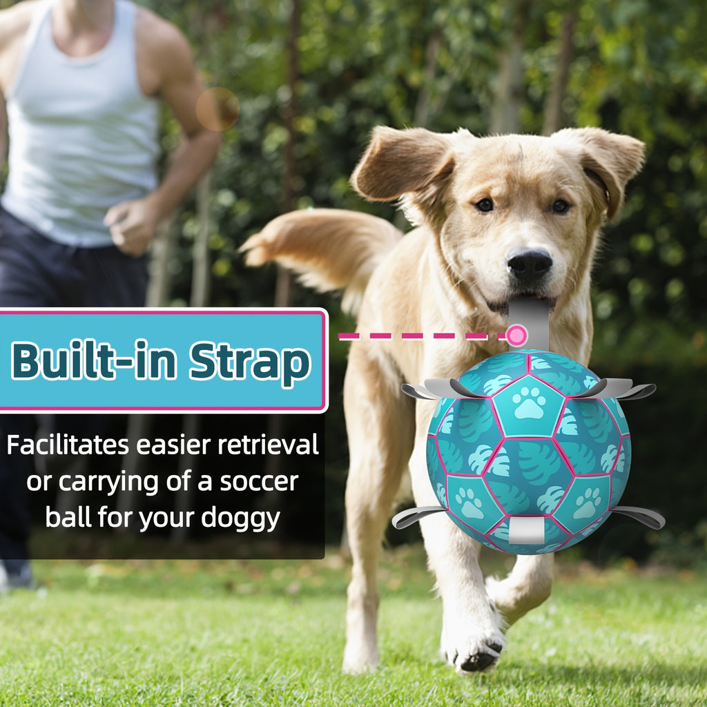 [Interactive Football Dog Toys] Durable Lake Blue Dog Toys Soccer Balls with Straps | Interactive Football for Tug of War | Indoor/Outdoor Puppy Toy for Small/Medium Breed