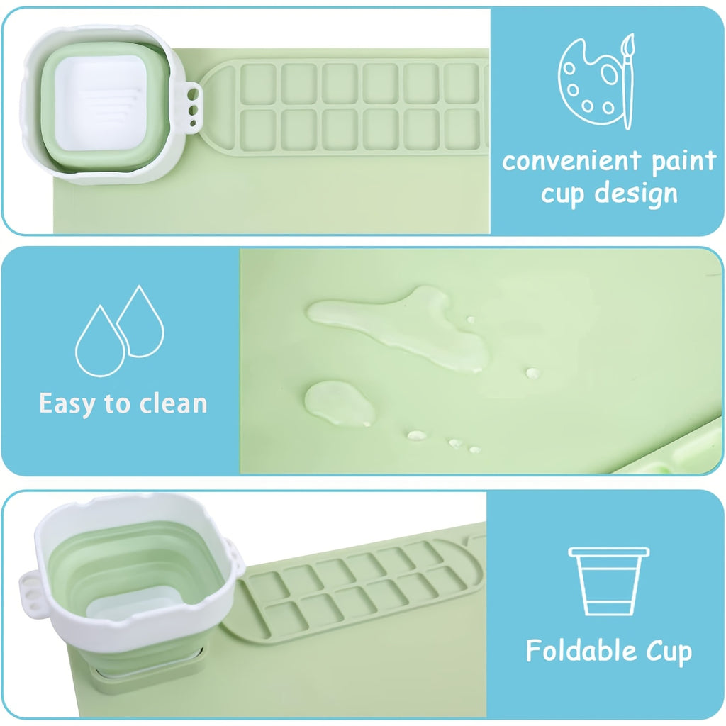 [Non-Stick Craft Mat] Non-Stick 19.6x15.7 Inch Silicone Craft Mat with Collapsible Cup | Large Sky Blue Art Mat, Foldable High Quality Design, Measurement Markings & Multi-Well Palette for Painting, Sculpting, Resin & Hot Glu