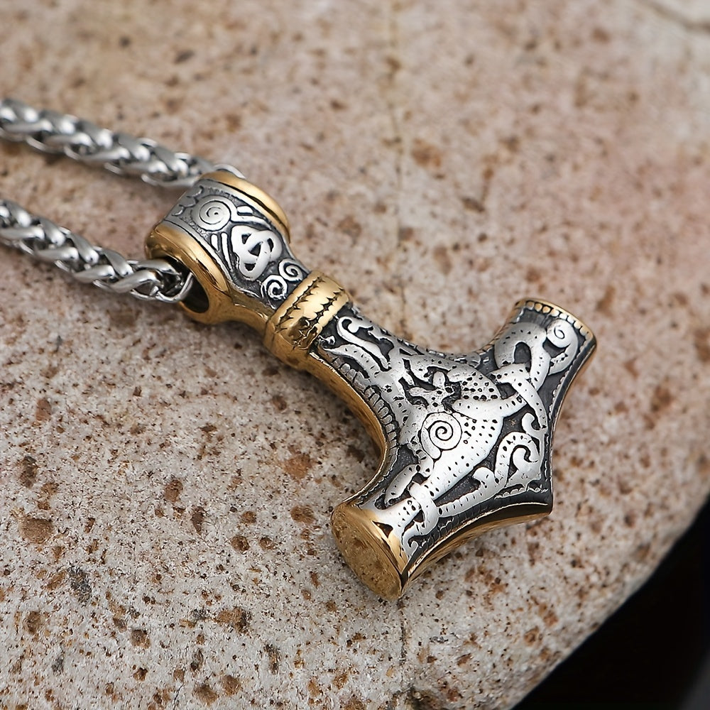 Viking Double Color Hammer Pendant Necklace, Stainless Steel Men's Necklace Viking Jewelry