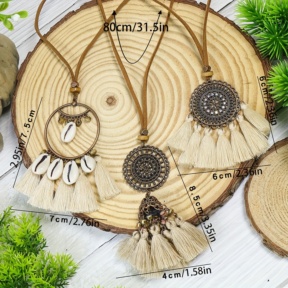 3pcs Ethnic Style Women's Fashion Pendant Necklace Set with Floral Tassel Pendant, Bronze Enamel Drip Zinc Alloy with Glass Rhinestone Inlay, Vintage Necklace