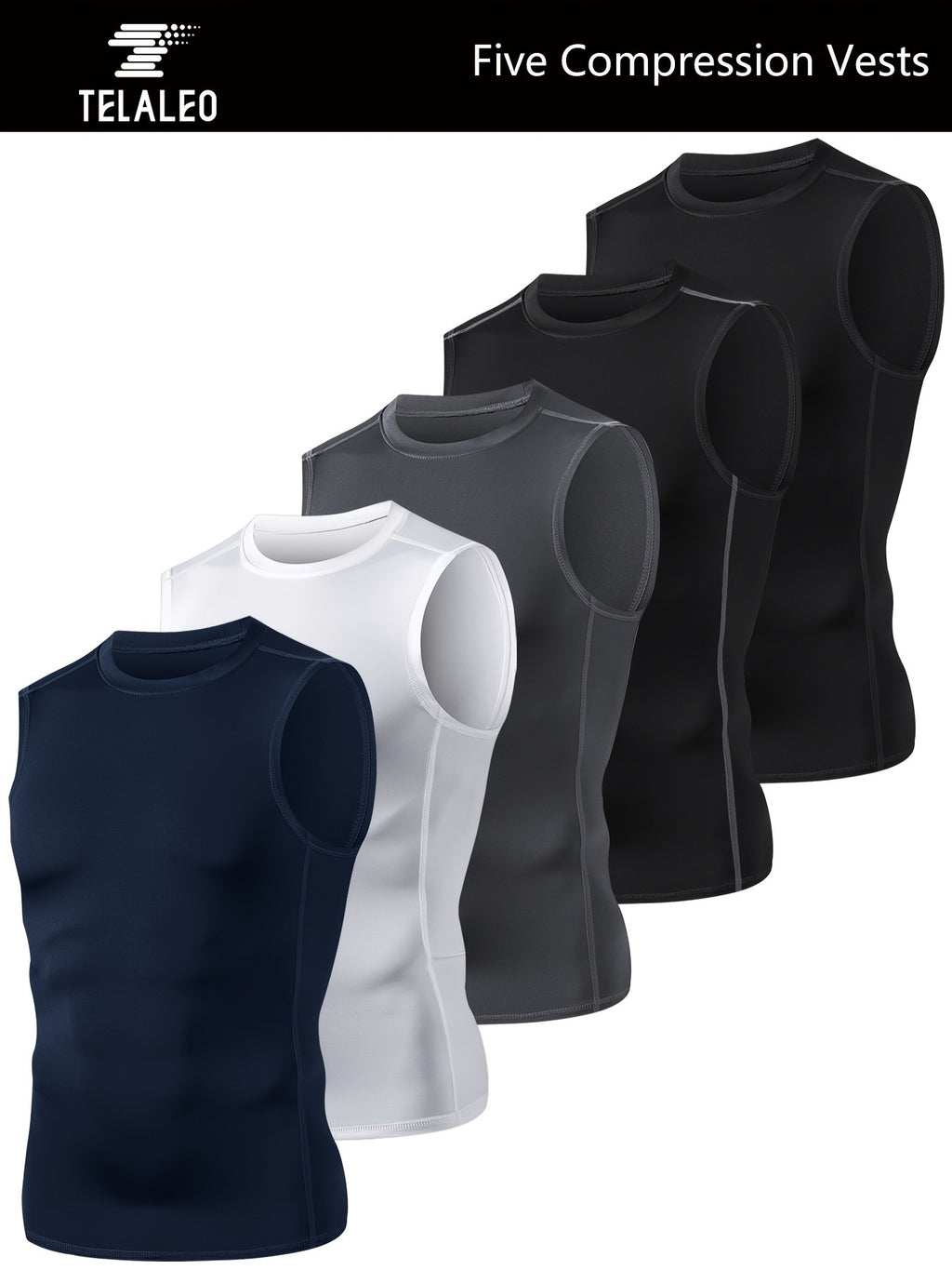 [5-Pack Athletic Shirts] TELALEO 5-Pack Men's Athletic Compression Shirts | Sleeveless Workout Tank Tops for Running, Basketball & Outdoor Activities, Breathable & Supportive Design, Black, White, Red, Blue