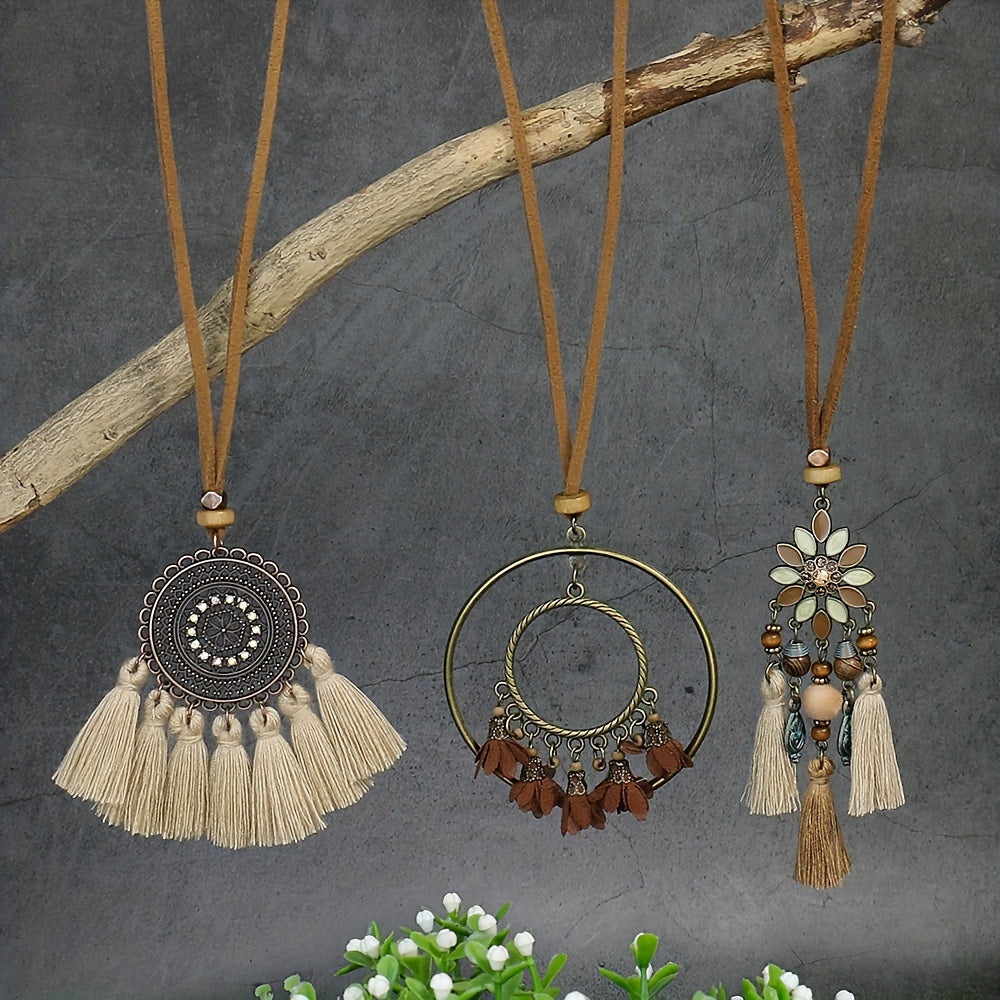 3pcs Ethnic Style Women's Fashion Pendant Necklace Set with Floral Tassel Pendant, Bronze Enamel Drip Zinc Alloy with Glass Rhinestone Inlay, Vintage Necklace