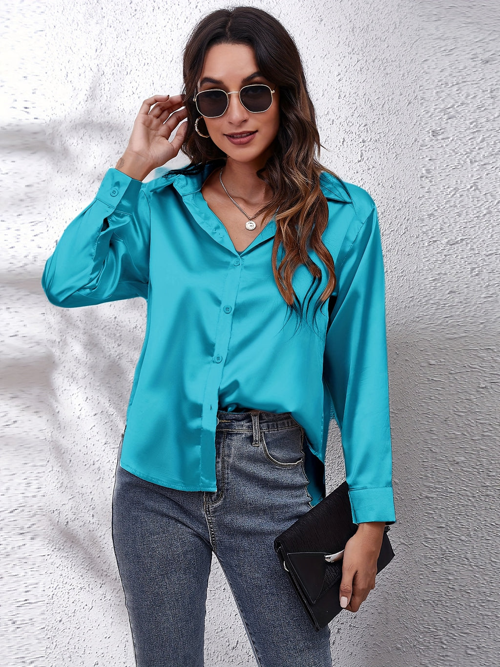 Hot Style In-Kind Shooting Satin Shirt Women'S Satin Imitation Long-Sleeved Shirt New European And American Cross-Border Women'S Clothing