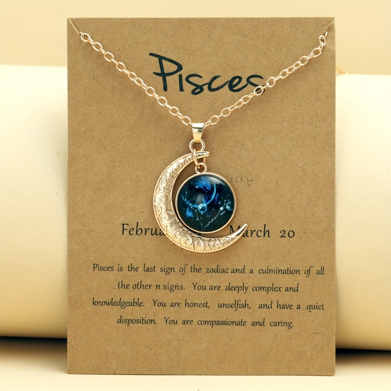 Glow-in-the-Dark Zodiac Necklace with Vintage Moon Pendant - Stylish Aquarius/Sagittarius/Leo/Leprechaun/Night & Sun Signs, Colorful Glass Charms, Zinc Alloy, Perfect Gift for Men
