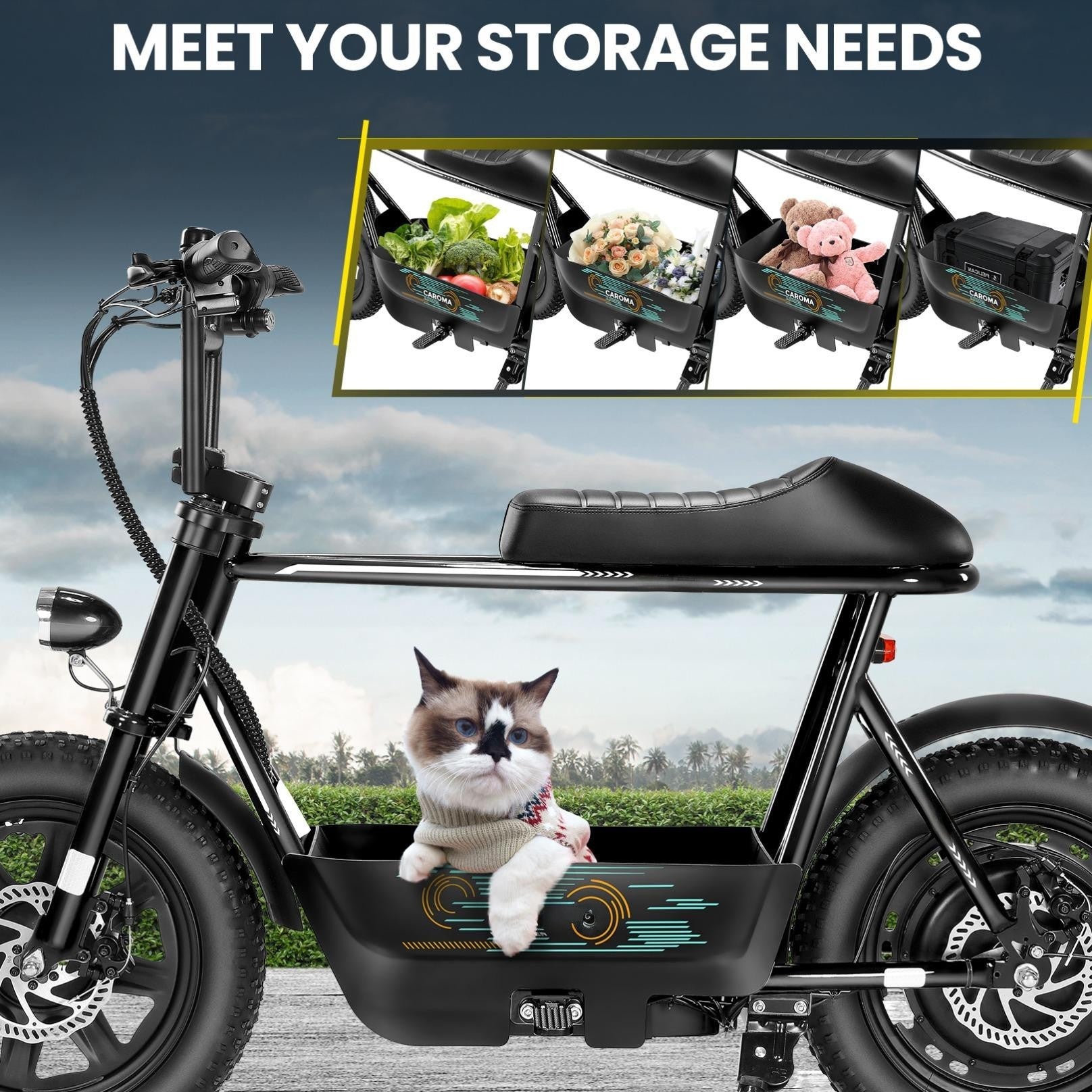 1pc Caroma 500W Electric Scooter for Adults with Seat & Basket, 16" Fat Tire, All-Terrain, 20MPH, 25Miles, 48V 7.8Ah Battery, Commuter & Off-Road E Scooter with LCD Display, Dual Disc Brake, 300lbs Max Load, Aluminum Wheels,