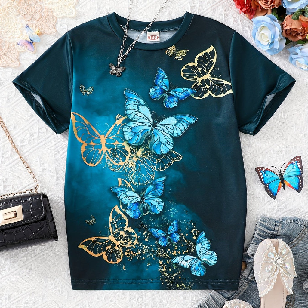 Teen Girls Butterfly Graphic T-Shirts - Soft Slight Stretch Polyester Crew Neck Short Sleeve Casual Tees for Summer - Machine Washable, No Dry Clean, Regular Fit, No Chest Pad, Conventional Contour