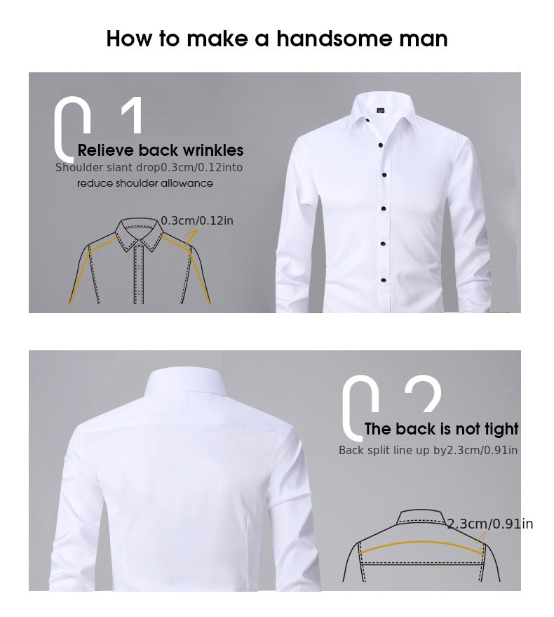 Men'S Stretch Slim-Fit Formal Shirt Without Pockets, Light Business Turn- Collar Long-Sleeved Shirt, Men'S Business Shirt, Wrinkle-Resistant And Durable Solid Color Formal Long-Sleeved Shirt with Buttons And Pockets, Suitable