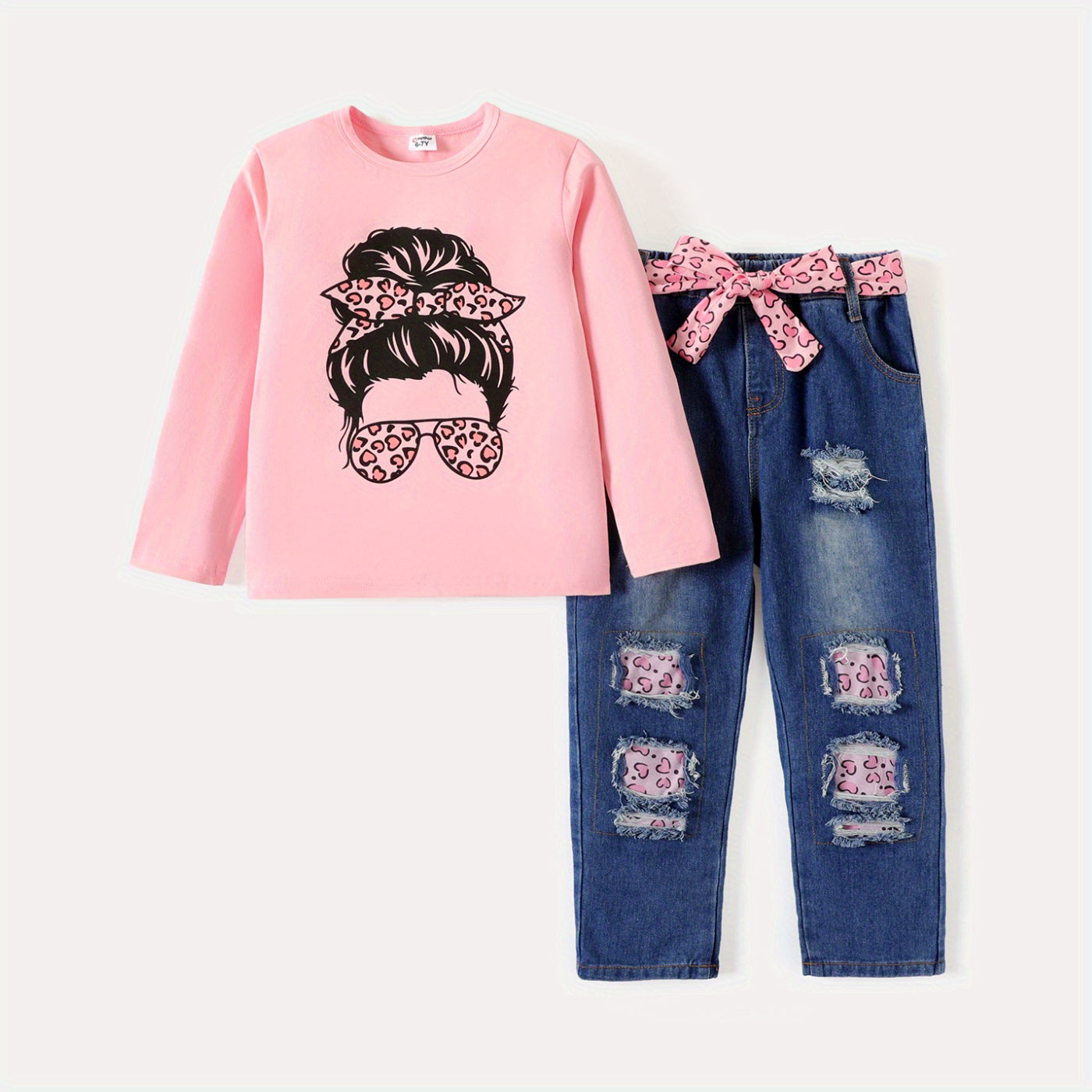 2pcs Girl's Figure Print Long-sleeve Tee and Belted Ripped Denim Jeans Set, Casual Outdoor Clothing