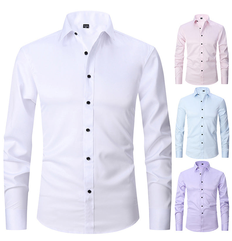 Men'S Stretch Slim-Fit Formal Shirt Without Pockets, Light Business Turn- Collar Long-Sleeved Shirt, Men'S Business Shirt, Wrinkle-Resistant And Durable Solid Color Formal Long-Sleeved Shirt with Buttons And Pockets, Suitable