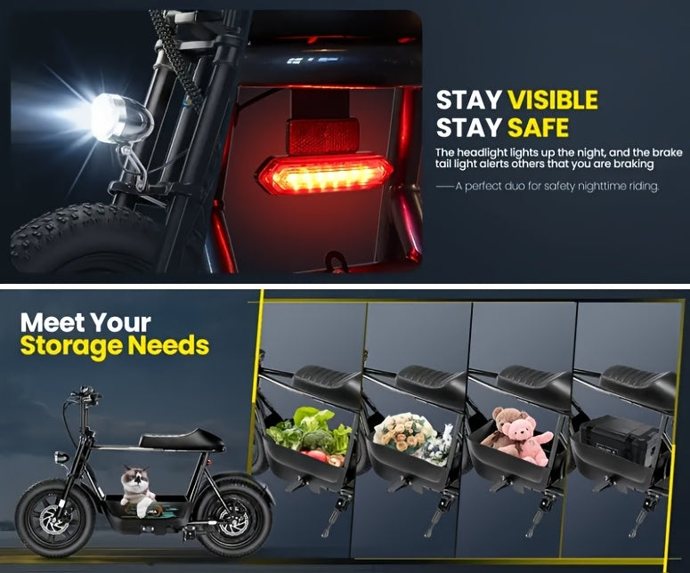 1pc Caroma 500W Electric Scooter for Adults with Seat & Basket, 16" Fat Tire, All-Terrain, 20MPH, 25Miles, 48V 7.8Ah Battery, Commuter & Off-Road E Scooter with LCD Display, Dual Disc Brake, 300lbs Max Load, Aluminum Wheels,