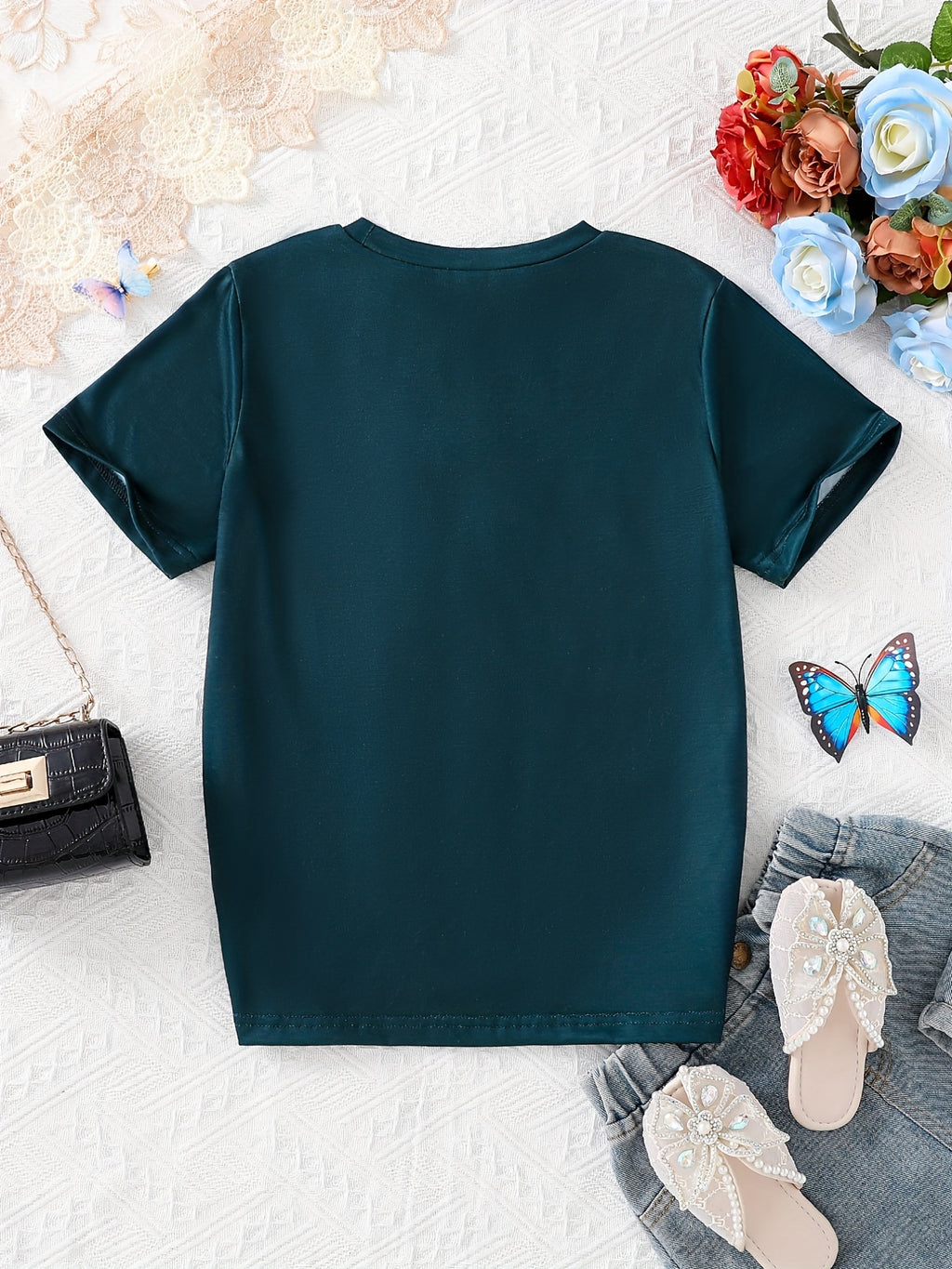 Teen Girls Butterfly Graphic T-Shirts - Soft Slight Stretch Polyester Crew Neck Short Sleeve Casual Tees for Summer - Machine Washable, No Dry Clean, Regular Fit, No Chest Pad, Conventional Contour