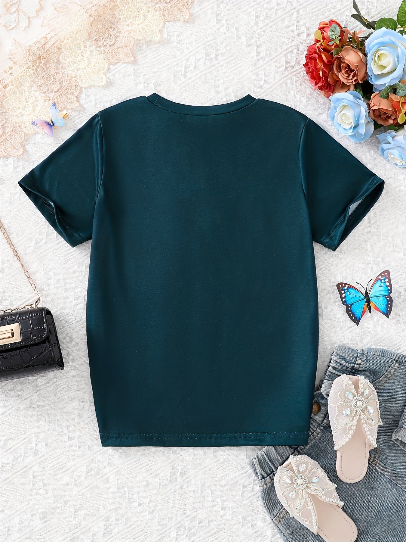 Teen Girls Butterfly Graphic T-Shirts - Soft Slight Stretch Polyester Crew Neck Short Sleeve Casual Tees for Summer - Machine Washable, No Dry Clean, Regular Fit, No Chest Pad, Conventional Contour