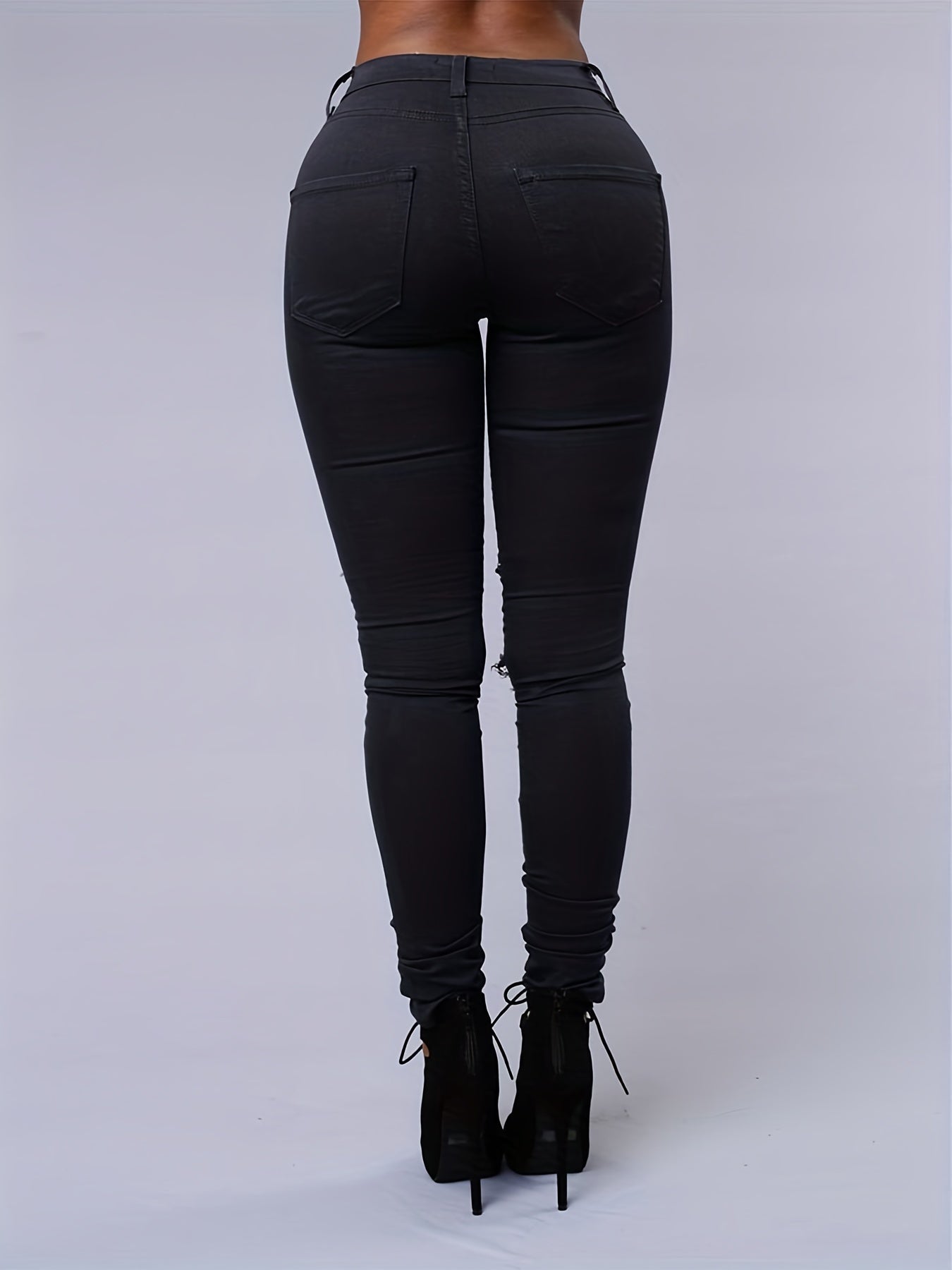 White Ripped Holes Straigh Jeans, Slash Pockets Distressed Non-Stretch Denim Pants, Women's Denim Jeans & Clothing