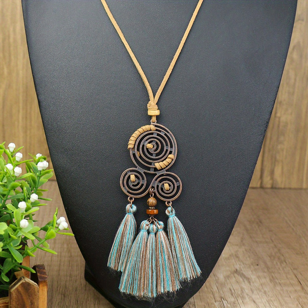 3pcs Ethnic Style Women's Fashion Pendant Necklace Set with Floral Tassel Pendant, Bronze Enamel Drip Zinc Alloy with Glass Rhinestone Inlay, Vintage Necklace
