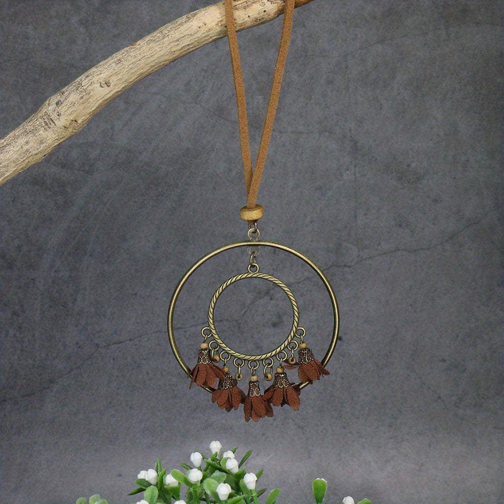 3pcs Ethnic Style Women's Fashion Pendant Necklace Set with Floral Tassel Pendant, Bronze Enamel Drip Zinc Alloy with Glass Rhinestone Inlay, Vintage Necklace