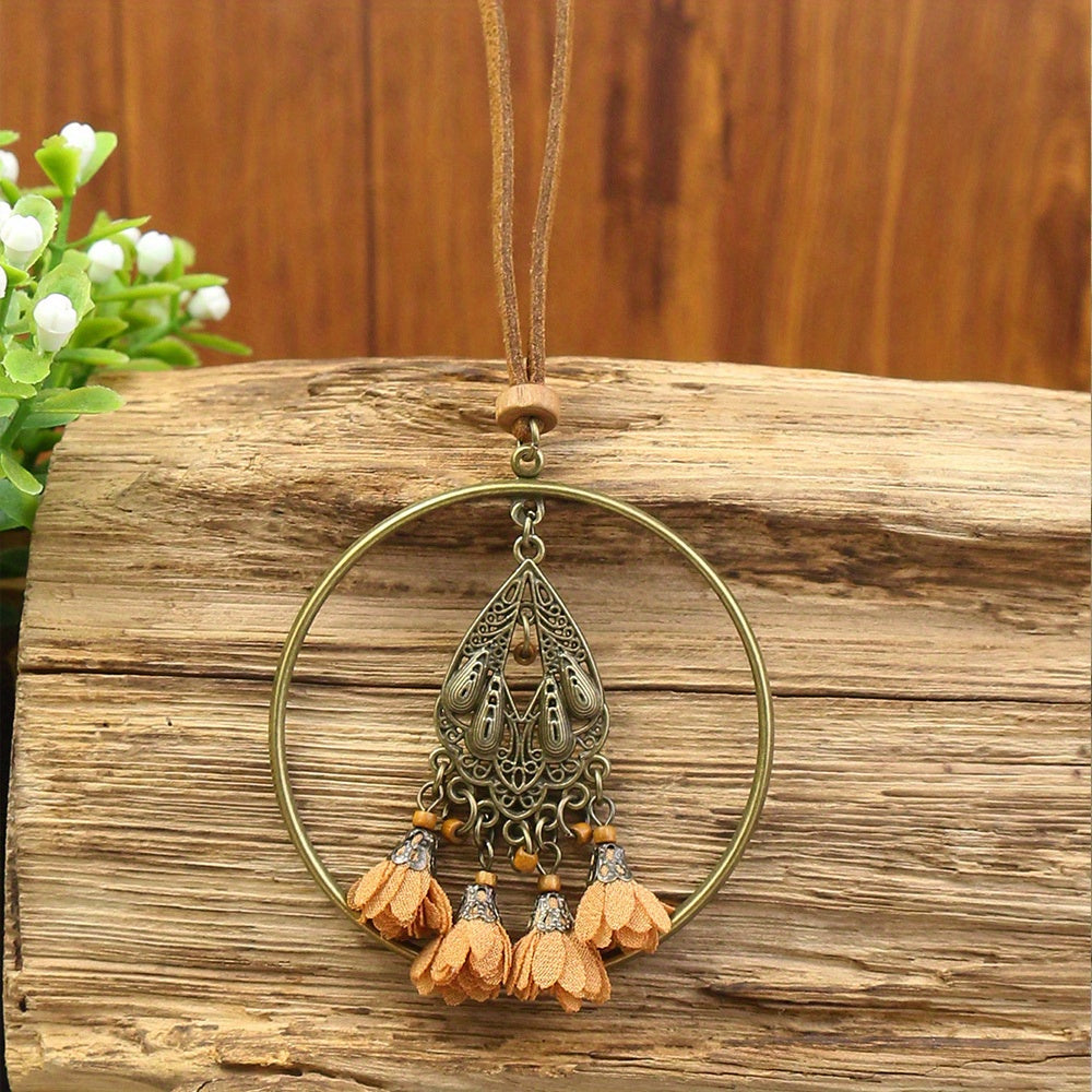 3pcs Ethnic Style Women's Fashion Pendant Necklace Set with Floral Tassel Pendant, Bronze Enamel Drip Zinc Alloy with Glass Rhinestone Inlay, Vintage Necklace