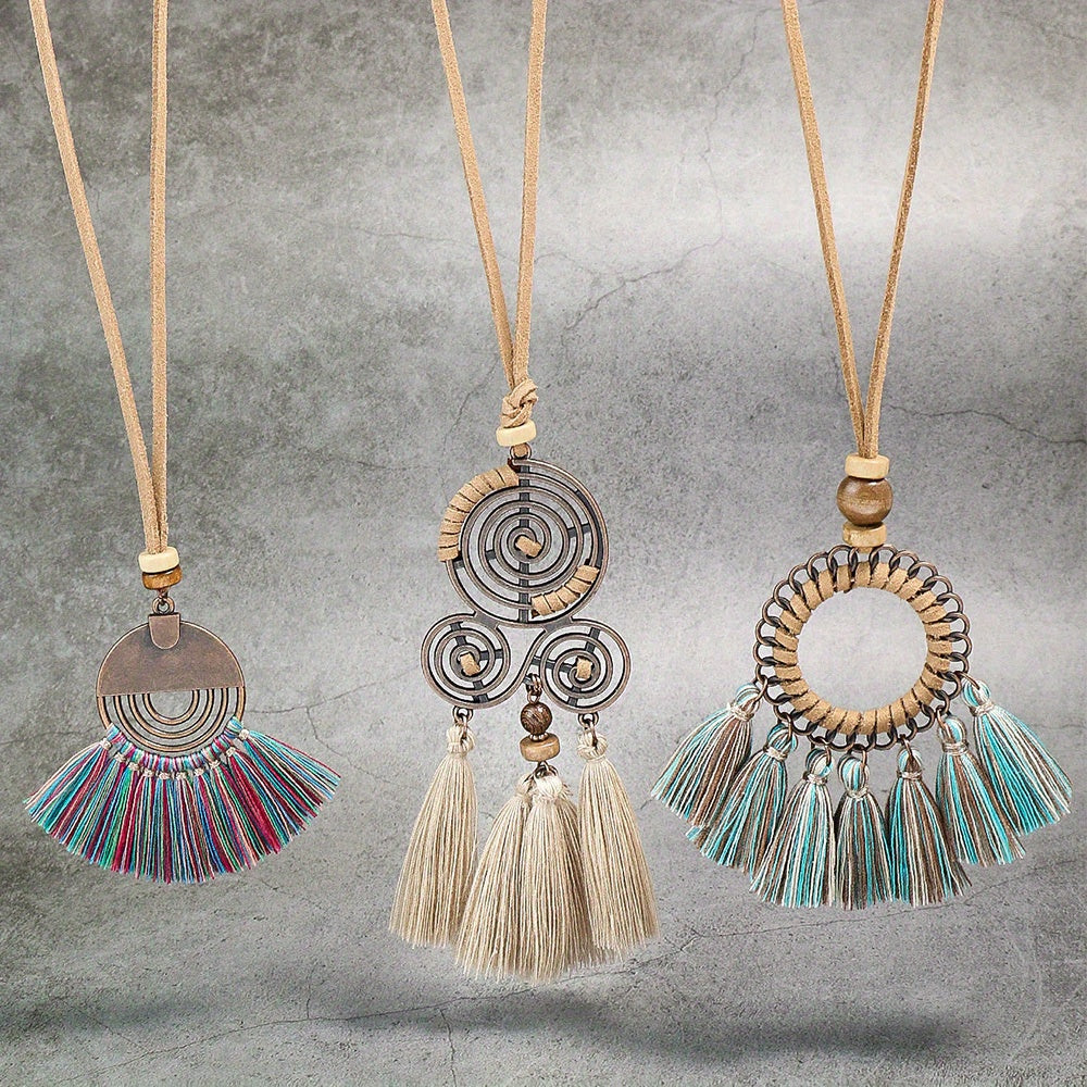 3pcs Ethnic Style Women's Fashion Pendant Necklace Set with Floral Tassel Pendant, Bronze Enamel Drip Zinc Alloy with Glass Rhinestone Inlay, Vintage Necklace