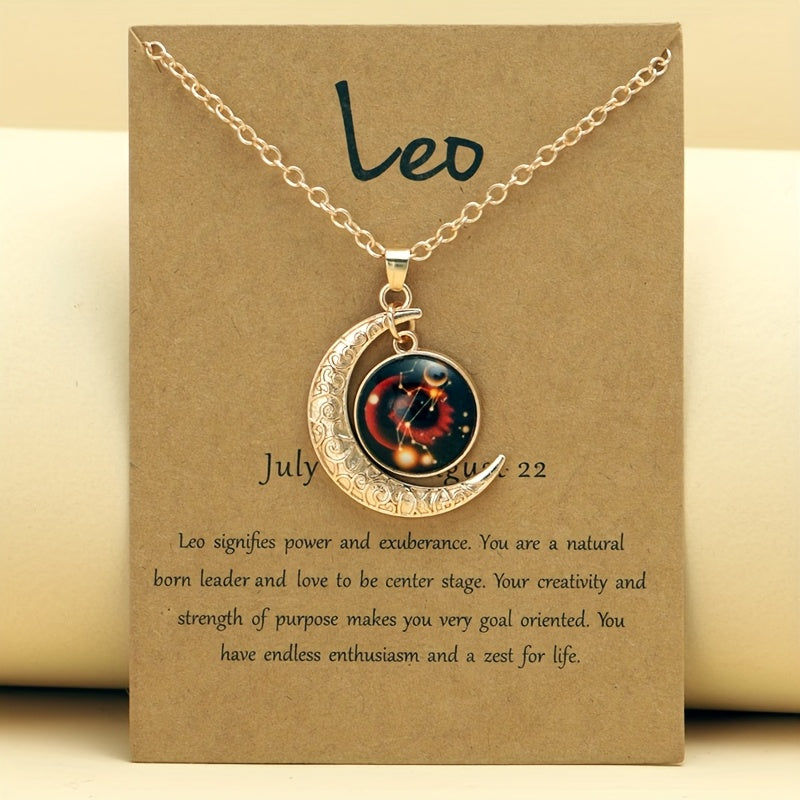 Glow-in-the-Dark Zodiac Necklace with Vintage Moon Pendant - Stylish Aquarius/Sagittarius/Leo/Leprechaun/Night & Sun Signs, Colorful Glass Charms, Zinc Alloy, Perfect Gift for Men