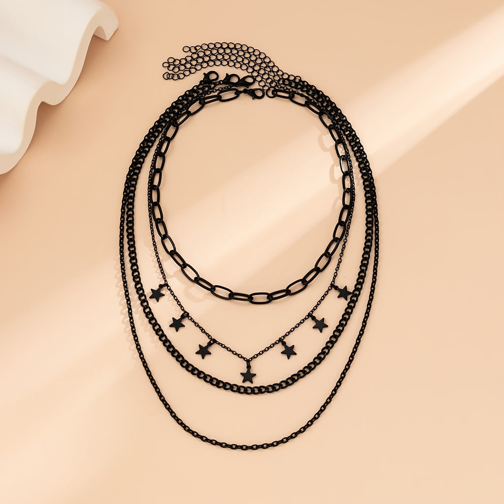 4pcs Gothic Black Star Element Pendant Tassel Hip Hop Retro Chain Necklace Set Party Jewelry for Women.Kpop Style Jewelry.