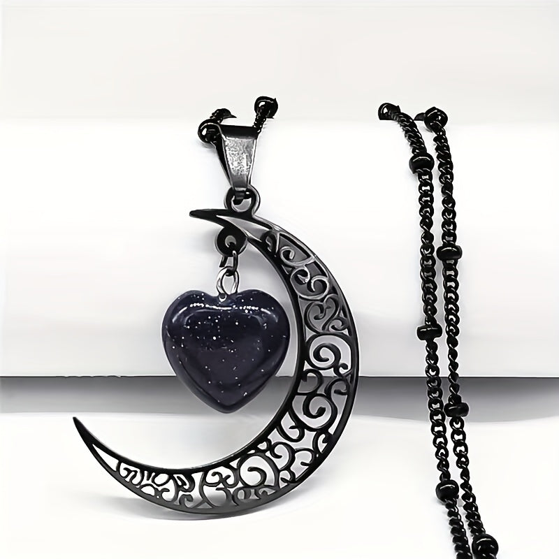 [Vintage Heart Necklace] 18K Golden Plated Blue Sand Heart Pendant Necklace for Women | Moon Design, Black Stainless Steel, Vintage Style, Daily Wear, Mardi Gras Day, All Seasons