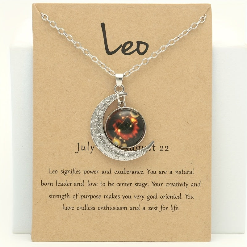 Glow-in-the-Dark Zodiac Necklace with Vintage Moon Pendant - Stylish Aquarius/Sagittarius/Leo/Leprechaun/Night & Sun Signs, Colorful Glass Charms, Zinc Alloy, Perfect Gift for Men