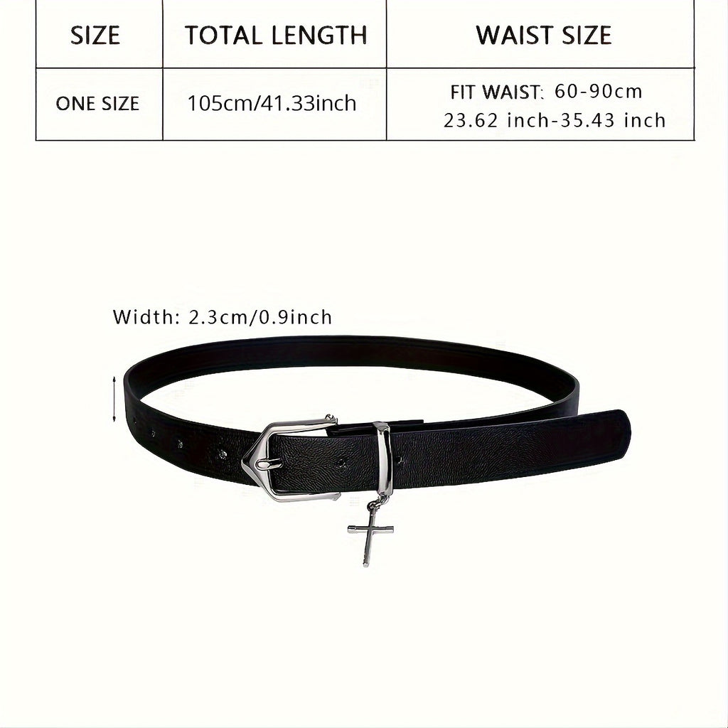 Unisex PU Leather Belt Gothic Metal Cross Pendant Pin Buckle Jeans Belts Casual Black Pants Waistband For Men Women