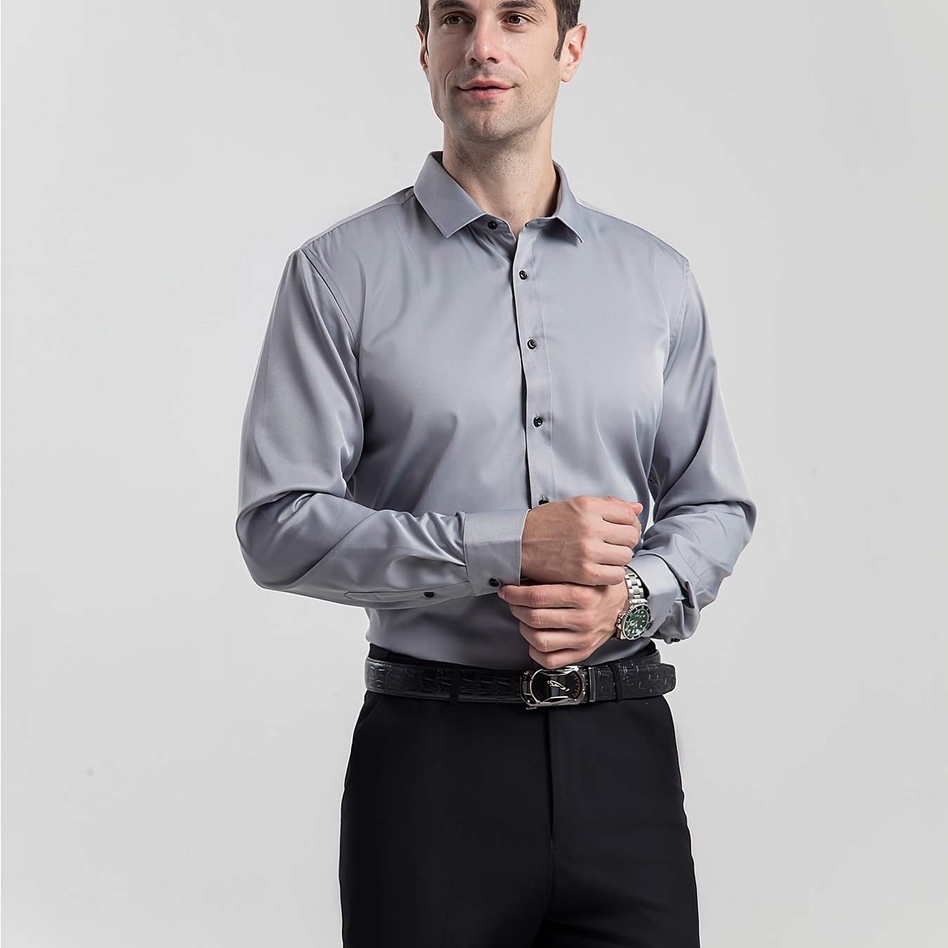 Men'S Stretch Slim-Fit Formal Shirt Without Pockets, Light Business Turn- Collar Long-Sleeved Shirt, Men'S Business Shirt, Wrinkle-Resistant And Durable Solid Color Formal Long-Sleeved Shirt with Buttons And Pockets, Suitable
