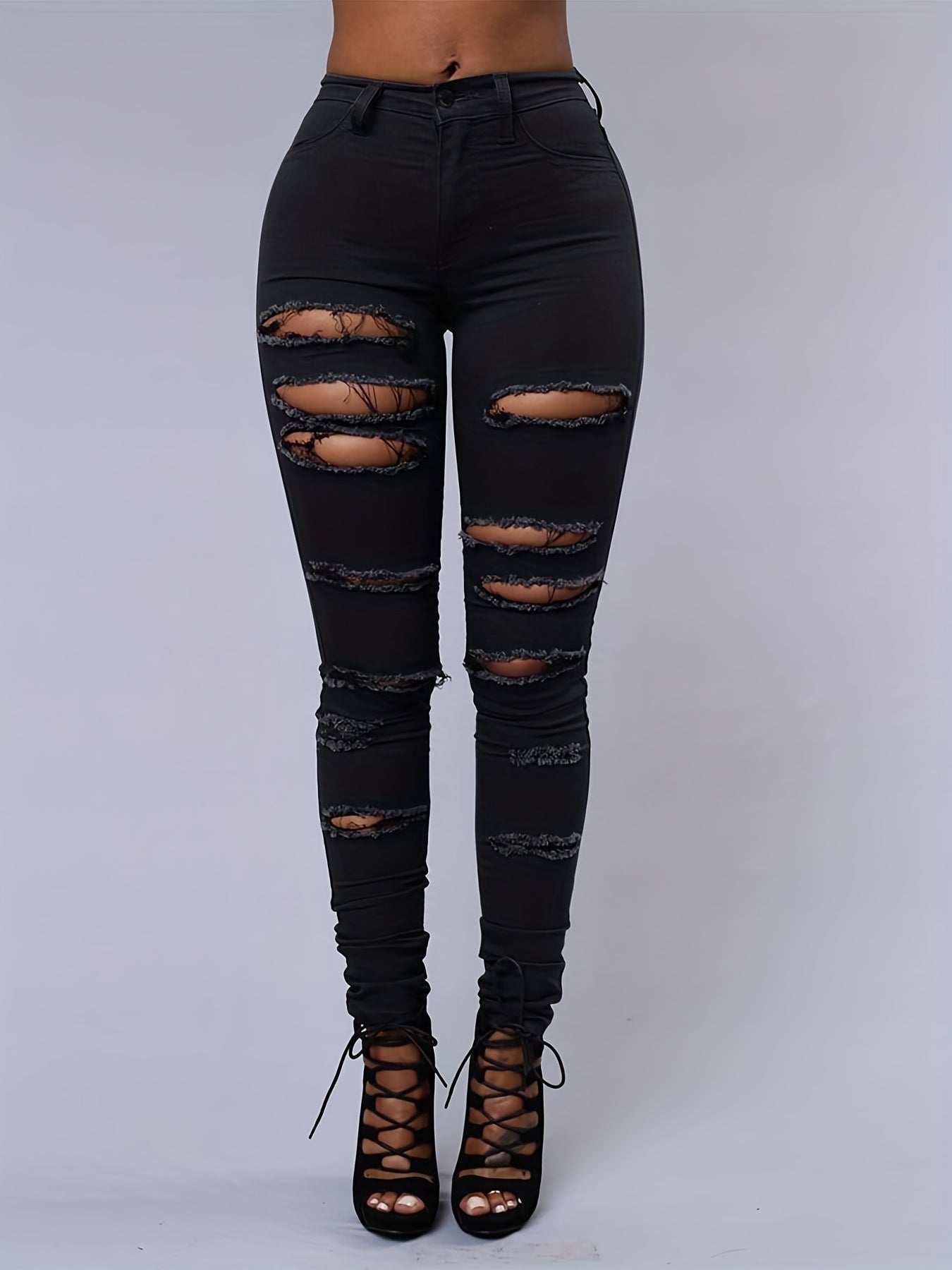 White Ripped Holes Straigh Jeans, Slash Pockets Distressed Non-Stretch Denim Pants, Women's Denim Jeans & Clothing