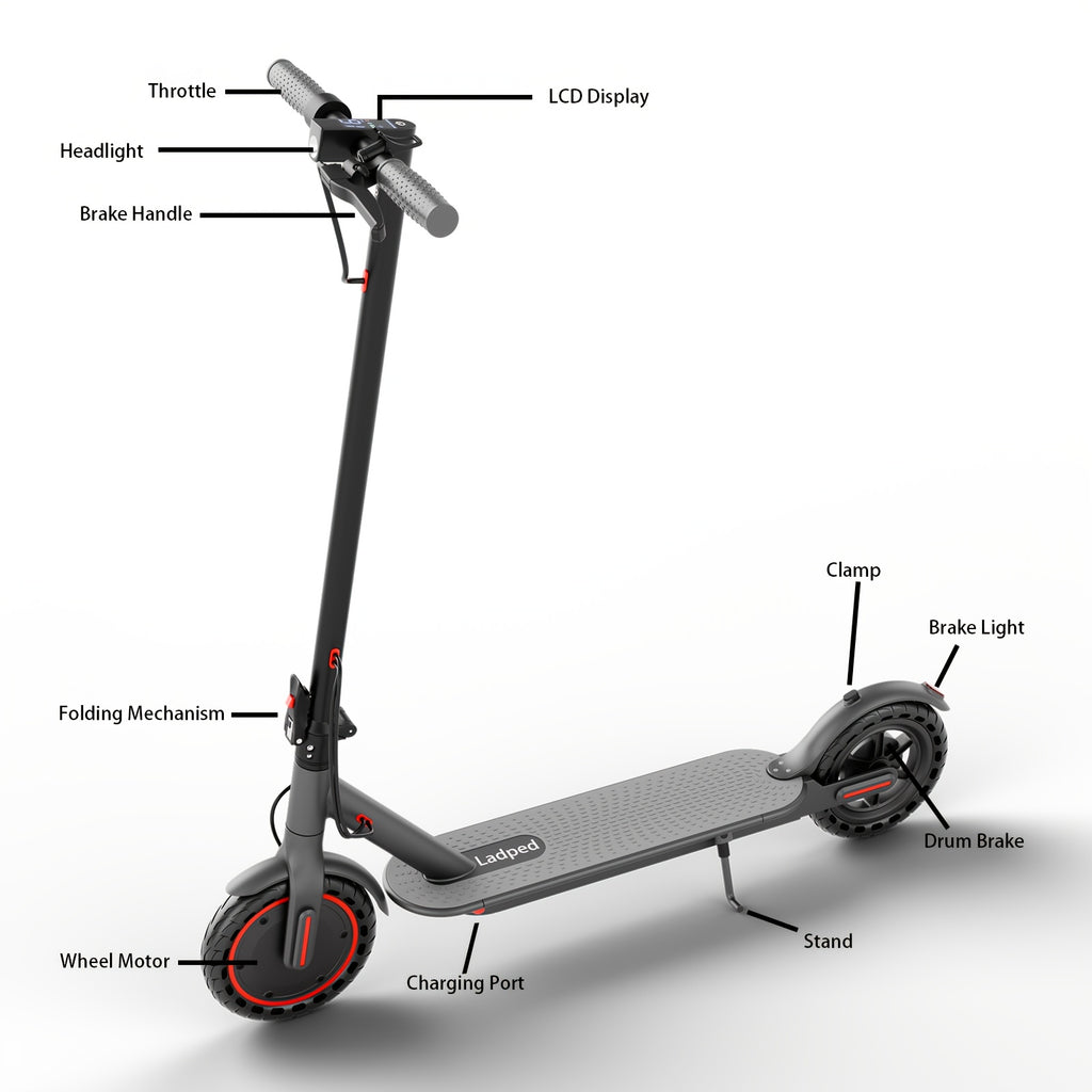 LADPED Electric Scooter, with a Motor Rated at 350/500W, Features a 36V Battery Ranging from 5.2AH to 10.5AH, Equipped with 8.5-Inch Anti-Slip Solid Tires
