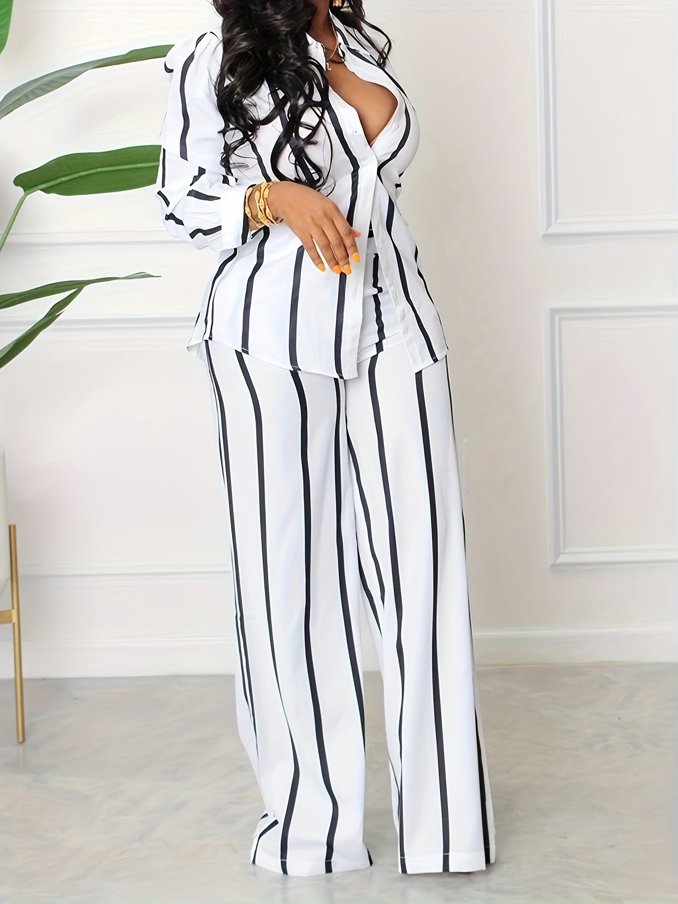 Women's Striped Print Two-piece Set - Button Front Collar Long Sleeve Shirt & High Waist Wide Leg Loose Pants Set - Casual Style - For Women - Perfect for Everyday Wear & Loungewear - Great Gift for Fashionable Women