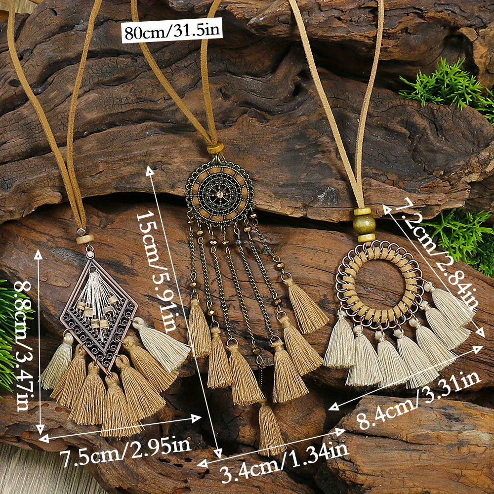 3pcs Ethnic Style Women's Fashion Pendant Necklace Set with Floral Tassel Pendant, Bronze Enamel Drip Zinc Alloy with Glass Rhinestone Inlay, Vintage Necklace