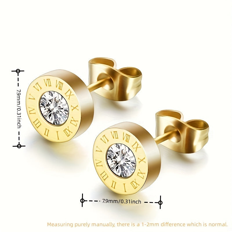[1 Pair Roman Numeral Earrings] Stainless Steel Roman Numeral Earrings for Women - 1 Pair Fashion Synthetic Zirconia Valentine's Day Gift