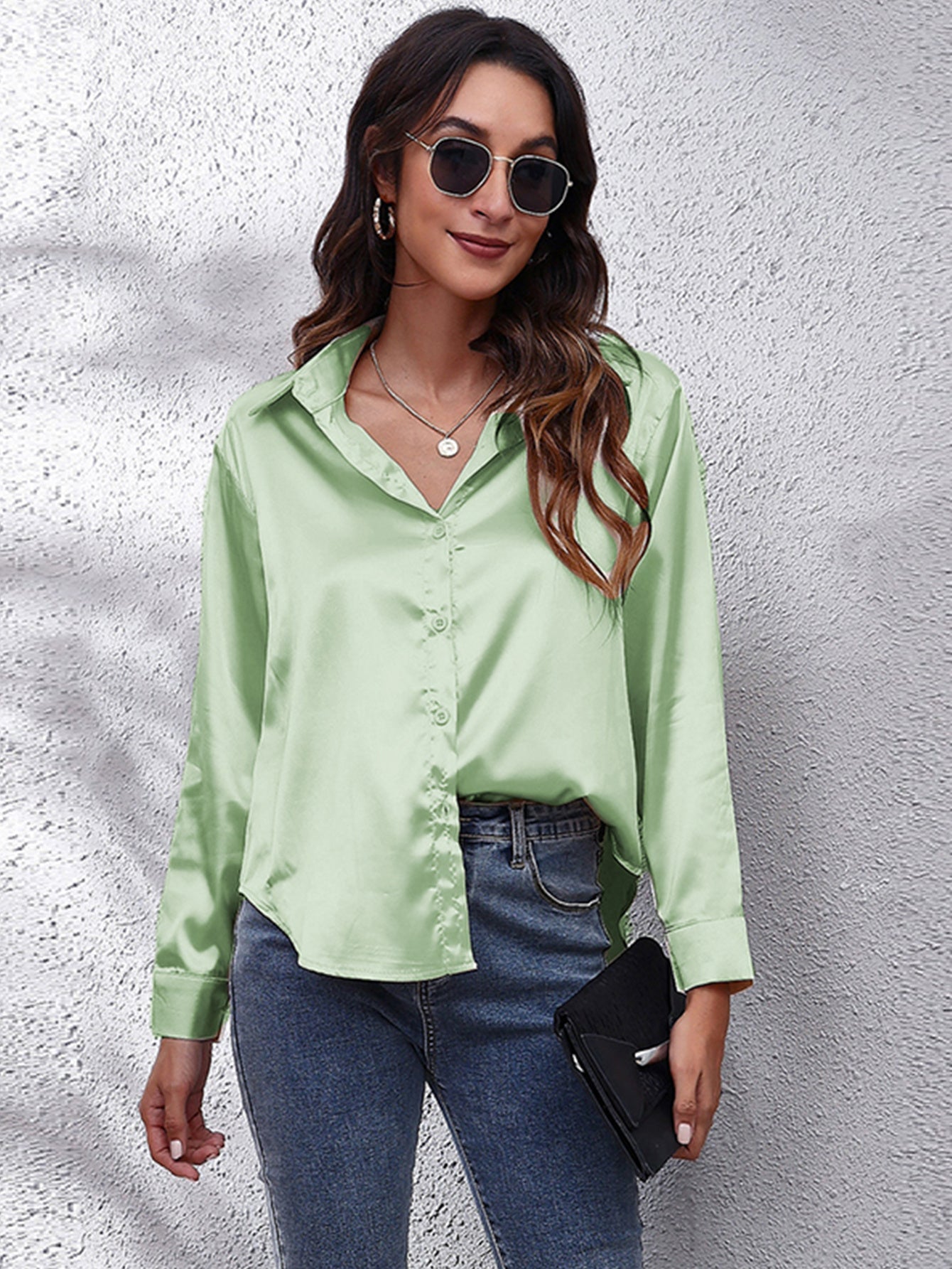 Hot Style In-Kind Shooting Satin Shirt Women'S Satin Imitation Long-Sleeved Shirt New European And American Cross-Border Women'S Clothing