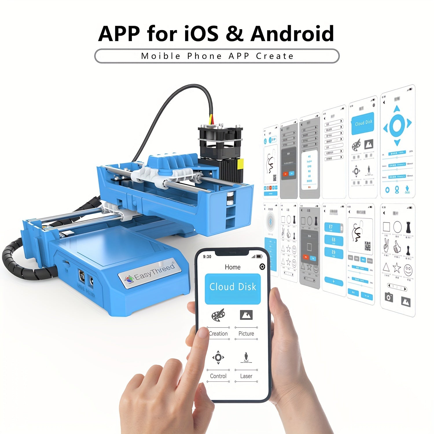 EasyThreed 0,5W Lasergravierer für Anfänger, DIY-Gravurbereich 100x100mm, kabellose Smartphone-Konnektivität, APP-Steuerung für iOS & Android, Kunststoffmaterial, 110V/220V Stromversorgung, US-Stecker, elektronische Komponenten enthalten