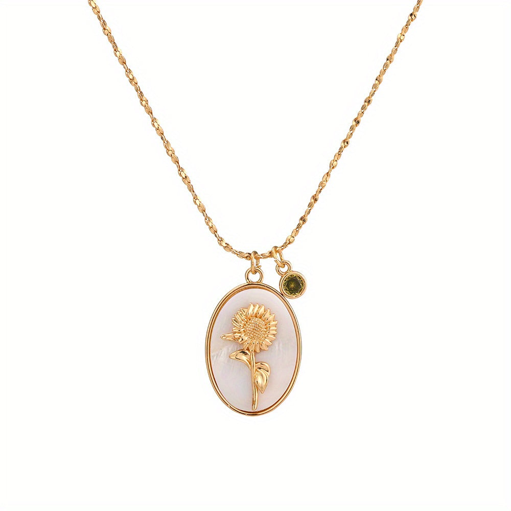 A Three-Dimensional Oval-Shaped Pendant Necklace Made of Golden with a Birthstone And White Mother-Of-Pearl, Featuring a December Flower Design