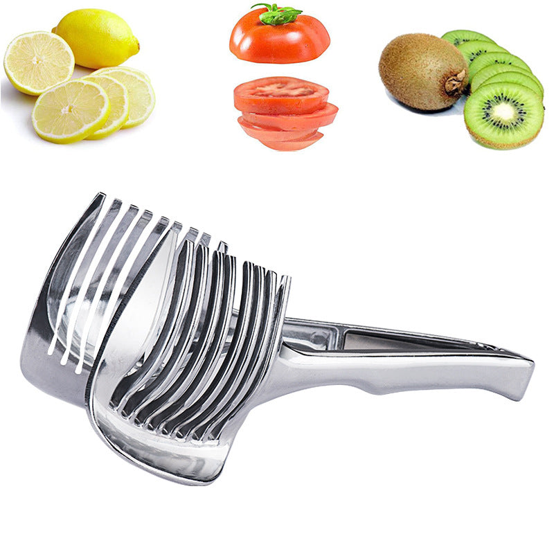 1pc Tomato Lemon Slicer, Round Fruit Onion Slicer with Knife Handle Guide Pliers, Stainless Steel Kitchen Potato Lime Food Holder