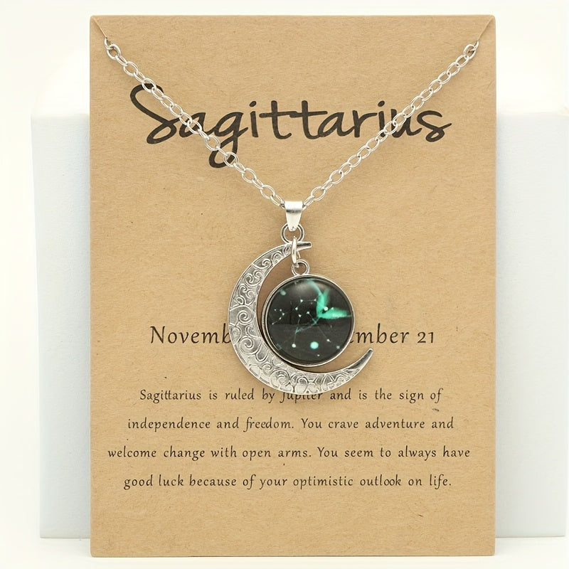 Glow-in-the-Dark Zodiac Necklace with Vintage Moon Pendant - Stylish Aquarius/Sagittarius/Leo/Leprechaun/Night & Sun Signs, Colorful Glass Charms, Zinc Alloy, Perfect Gift for Men