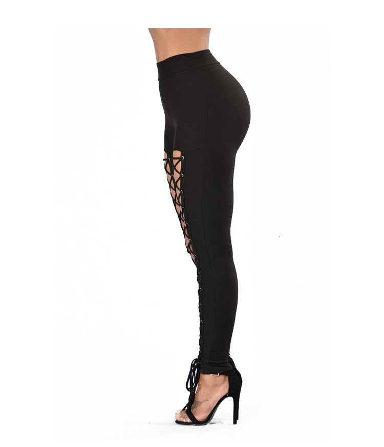 Autumn/Winter European and American Style Sexy Strappy Leggings with Double Rows of Eyelets, Cross-Over Ties, Solid Color Slim-Fit Ankle Pants for Women