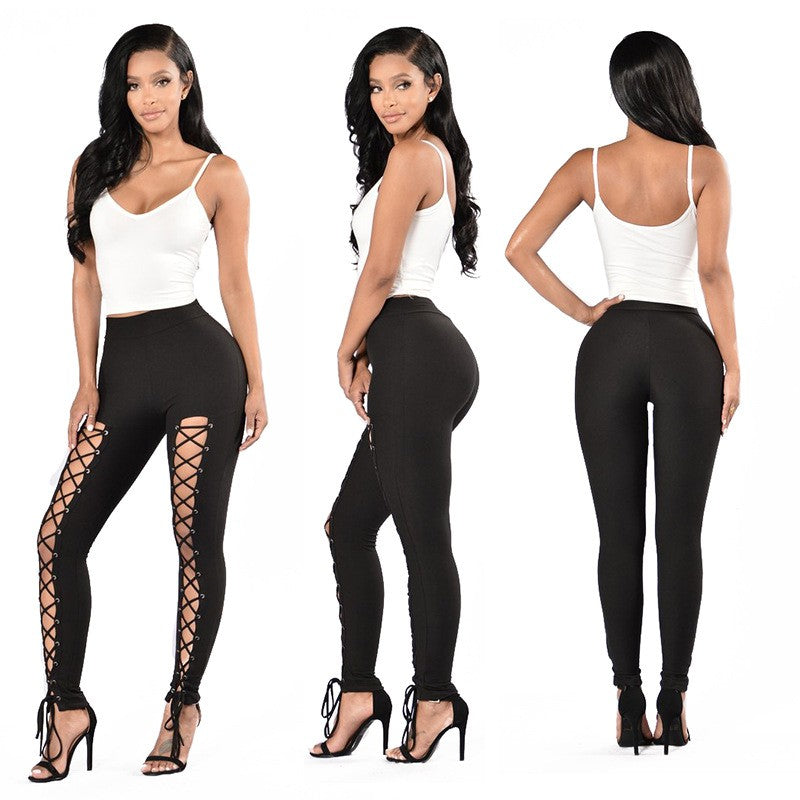Autumn/Winter European and American Style Sexy Strappy Leggings with Double Rows of Eyelets, Cross-Over Ties, Solid Color Slim-Fit Ankle Pants for Women