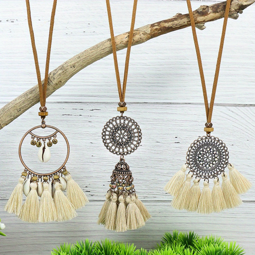3pcs Ethnic Style Women's Fashion Pendant Necklace Set with Floral Tassel Pendant, Bronze Enamel Drip Zinc Alloy with Glass Rhinestone Inlay, Vintage Necklace