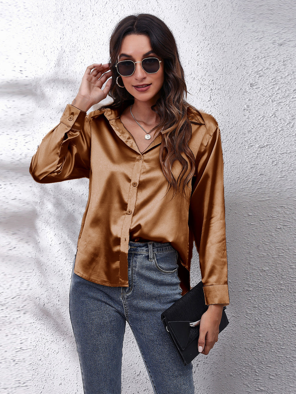 Hot Style In-Kind Shooting Satin Shirt Women'S Satin Imitation Long-Sleeved Shirt New European And American Cross-Border Women'S Clothing