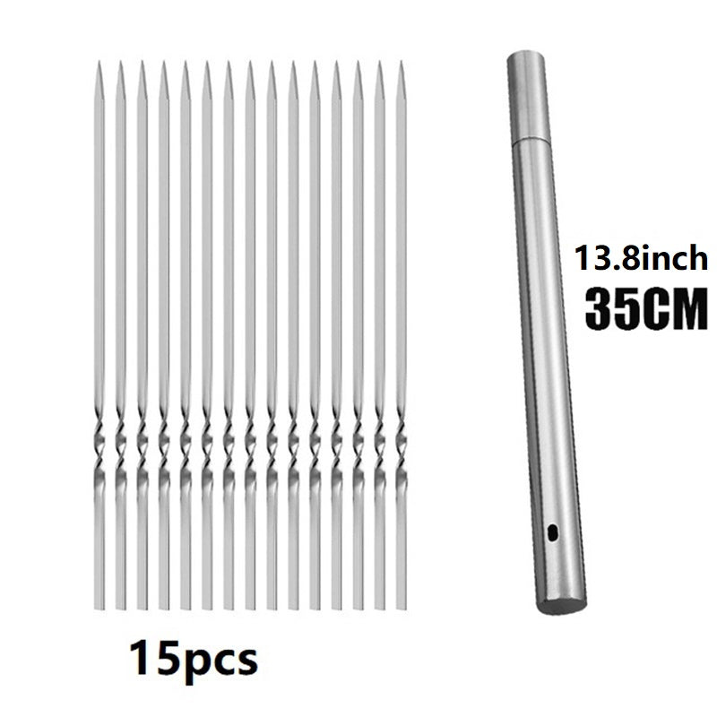 15pcs of Stainless Steel Skewers And 1 Storage Tube for Barbecuing; Reusable Grill Skewers for Shish Kebab And Camping Flat Forks Gadgets
