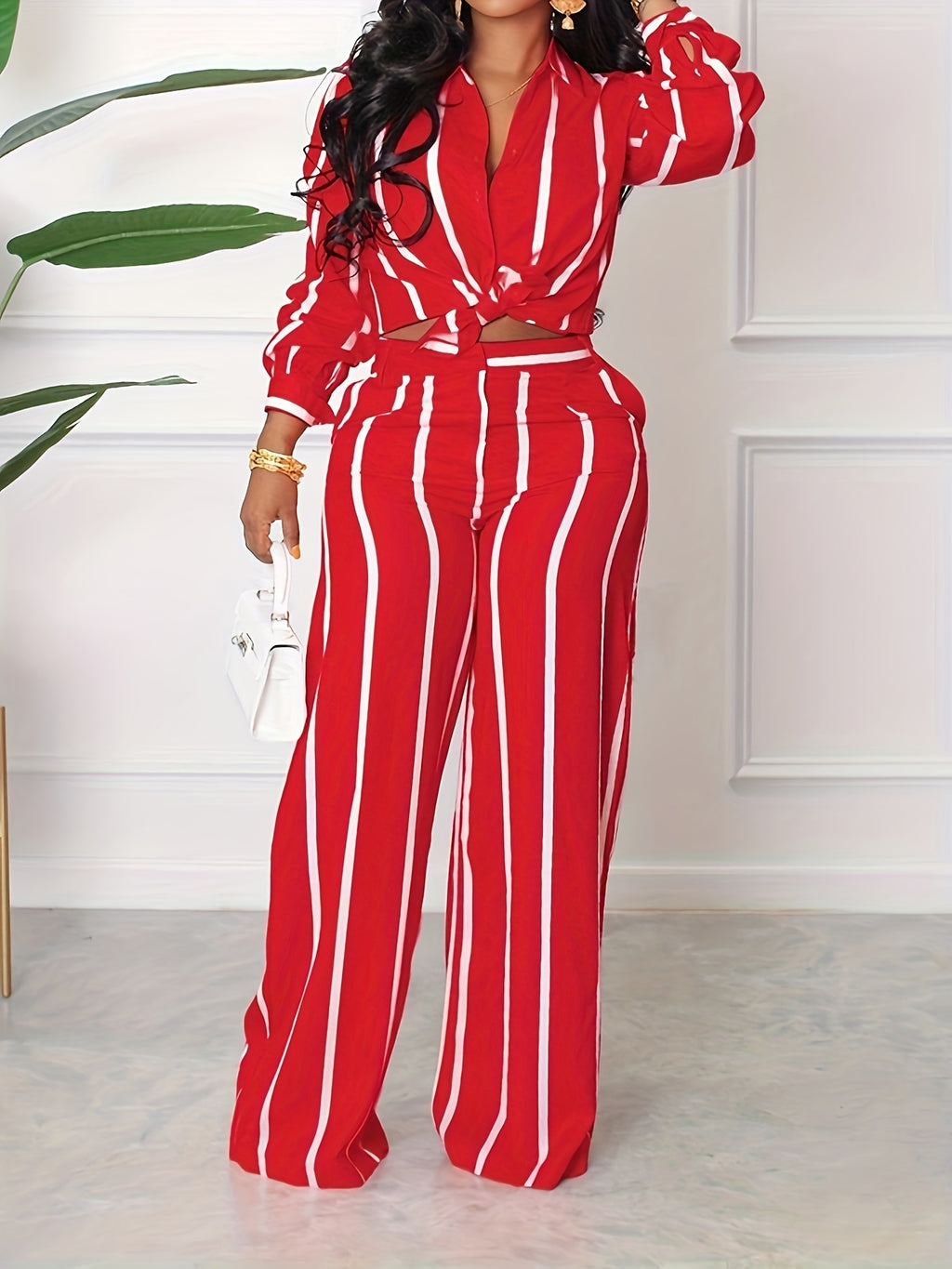 Women's Striped Print Two-piece Set - Button Front Collar Long Sleeve Shirt & High Waist Wide Leg Loose Pants Set - Casual Style - For Women - Perfect for Everyday Wear & Loungewear - Great Gift for Fashionable Women