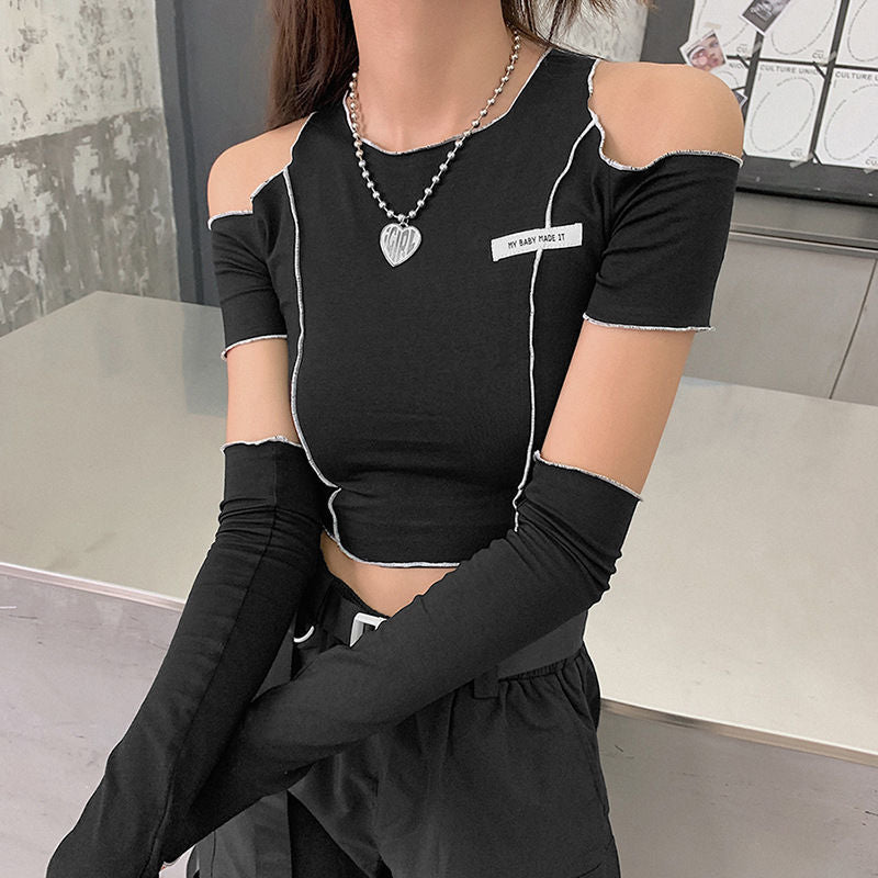Summer Stylish Short Fitted T-Shirt for Women with a Round Neck, Hollow Design, And Long Sleeves, Perfect for Street Photography