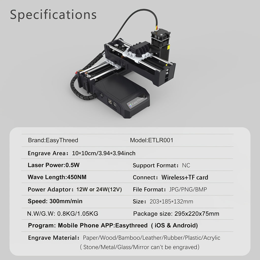 EasyThreed 0,5W Lasergravierer für Anfänger, DIY-Gravurbereich 100x100mm, kabellose Smartphone-Konnektivität, APP-Steuerung für iOS & Android, Kunststoffmaterial, 110V/220V Stromversorgung, US-Stecker, elektronische Komponenten enthalten