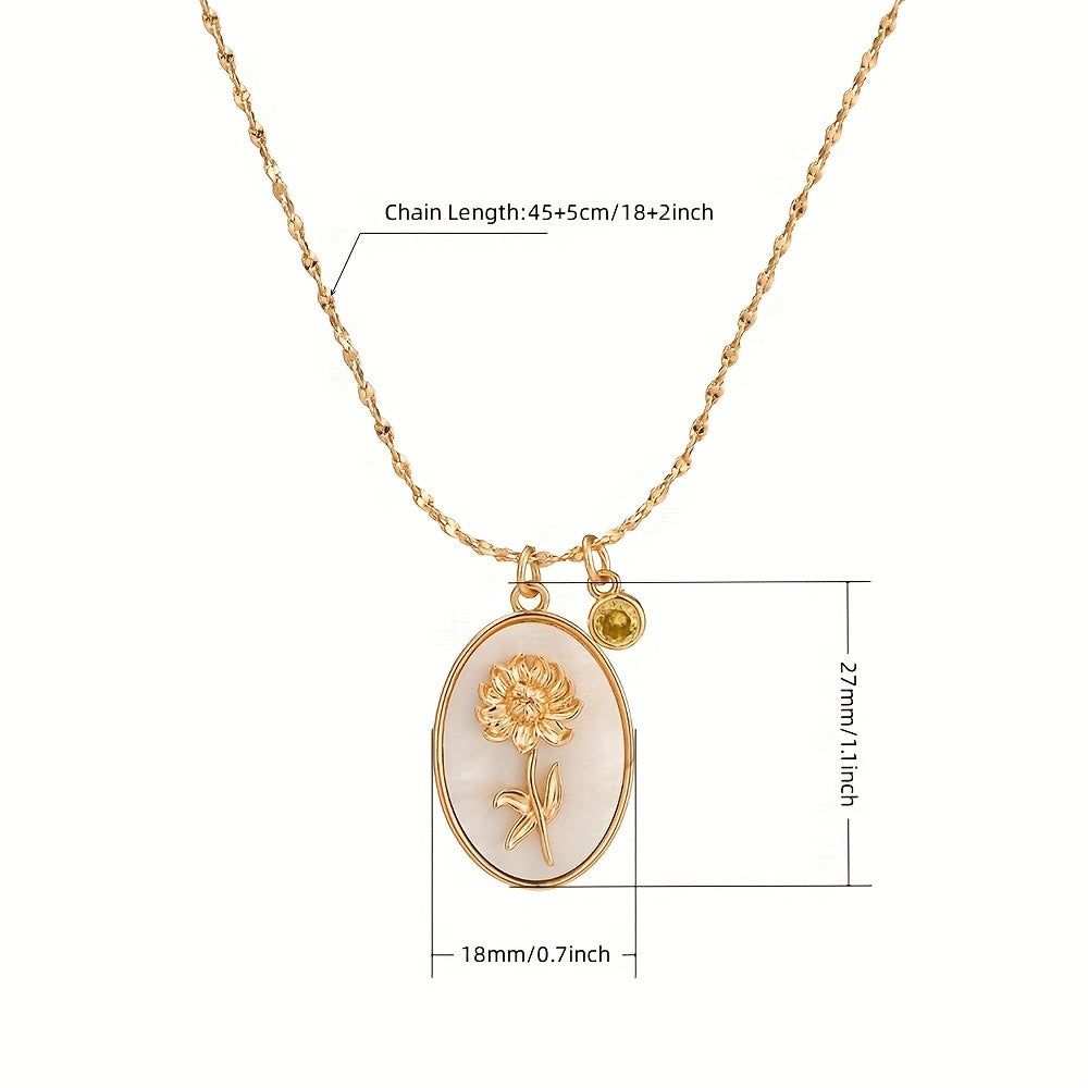 A Three-Dimensional Oval-Shaped Pendant Necklace Made of Golden with a Birthstone And White Mother-Of-Pearl, Featuring a December Flower Design