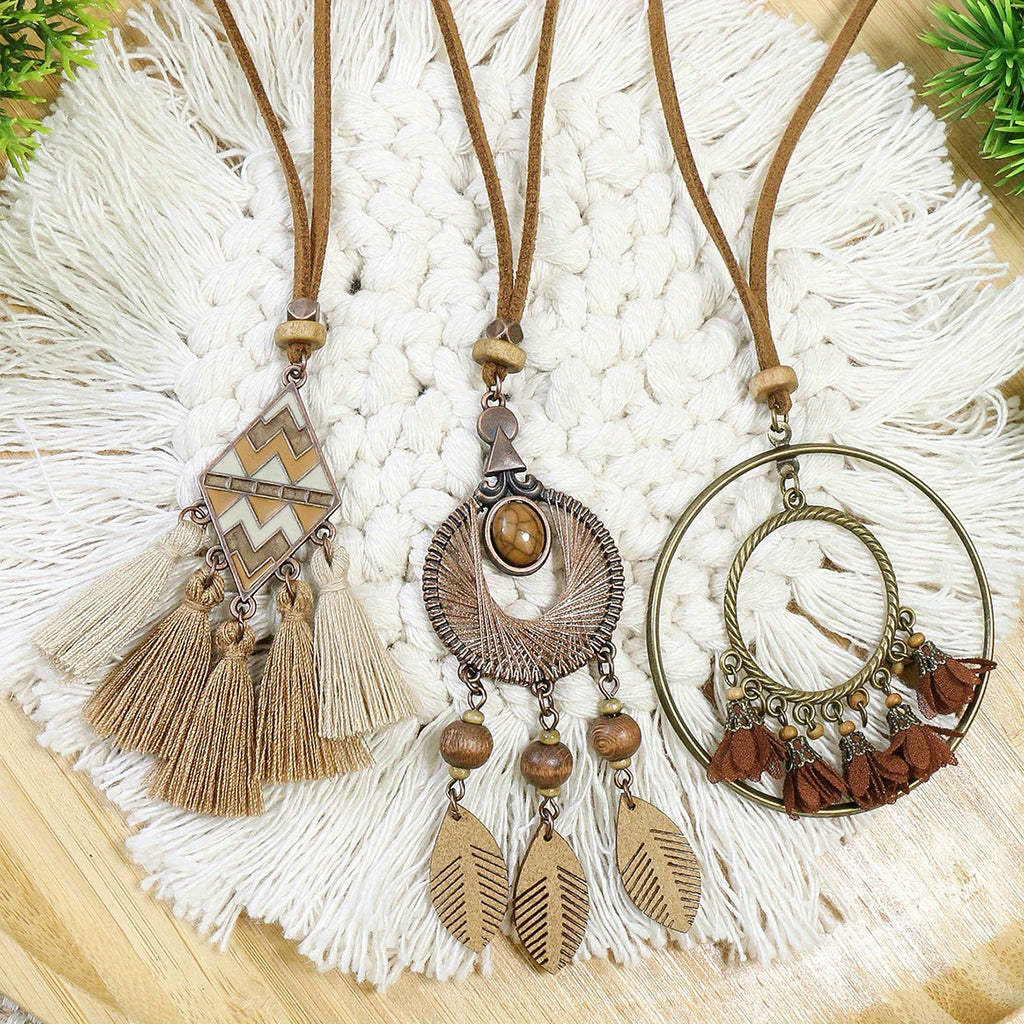 3pcs Ethnic Style Women's Fashion Pendant Necklace Set with Floral Tassel Pendant, Bronze Enamel Drip Zinc Alloy with Glass Rhinestone Inlay, Vintage Necklace